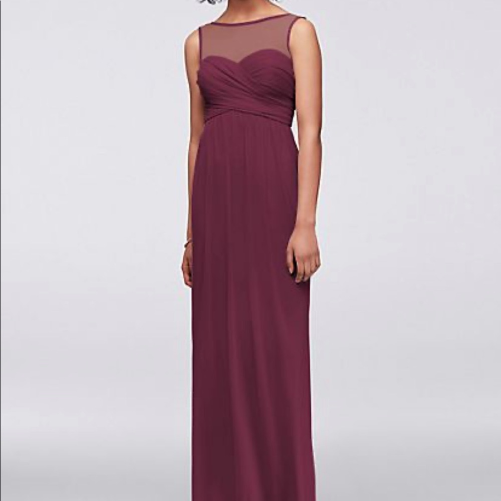 Long Mesh Dress with Illusion Neckline in Wine